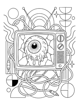 A retro TV showing an eyeball in this surreal grunge coloring page.