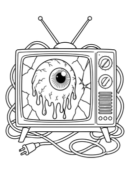 A vintage TV with cracked glass and a melting eyeball on this grunge coloring page.