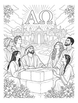 Gathering by the foundation stones before New Jerusalem on this revelation coloring page.