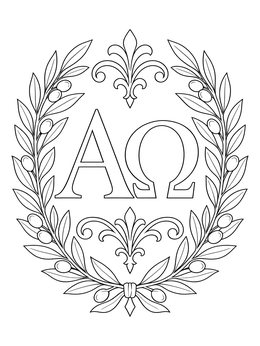 Greek Alpha and Omega letters framed by an olive wreath in this revelation coloring page.