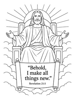 A peaceful revelation coloring page showing Jesus on a heavenly throne above a scripture scroll.
