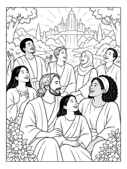 A joyful group gathered before a heavenly city in this revelation coloring page.