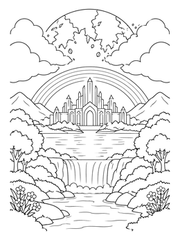 A heavenly city behind a river and waterfall on this revelation coloring page.