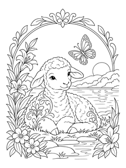 Gentle lamb resting by water under an arch in this revelation coloring page.
