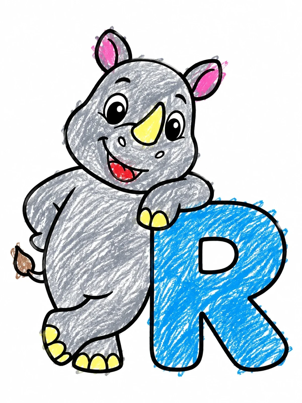 Colored example of the Cute Rhino Leaning On Letter R coloring page