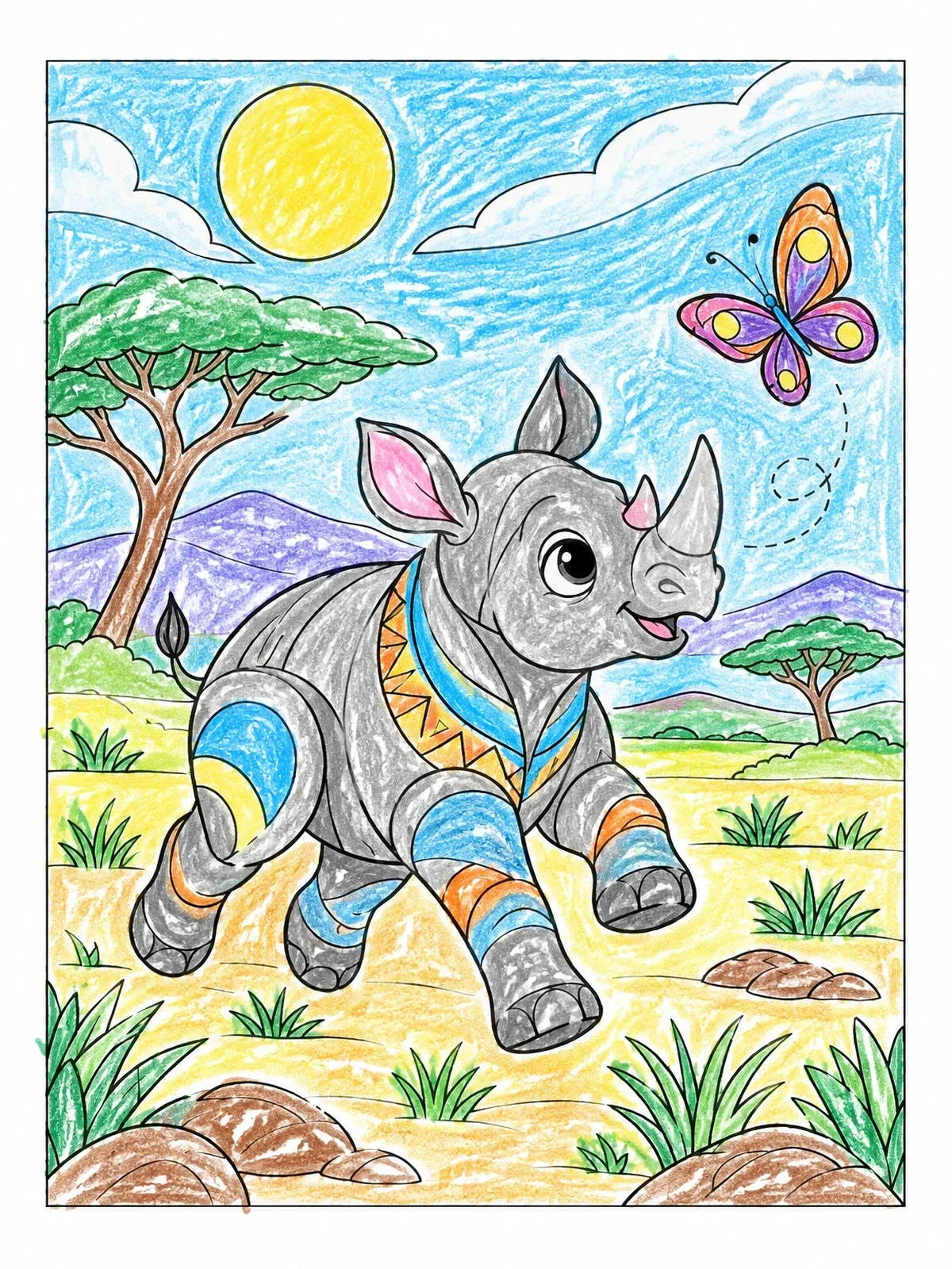 Colored example of the Playful Baby Rhino With Butterfly coloring page