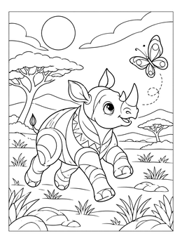 A cheerful baby rhinoceros coloring page showing it trotting after a fluttering butterfly across the savanna.