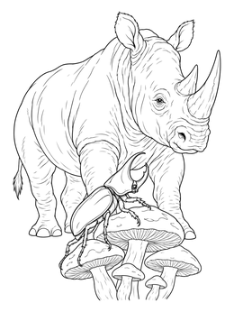 A detailed rhinoceros coloring page featuring a horned rhino standing behind a beetle on mushrooms.