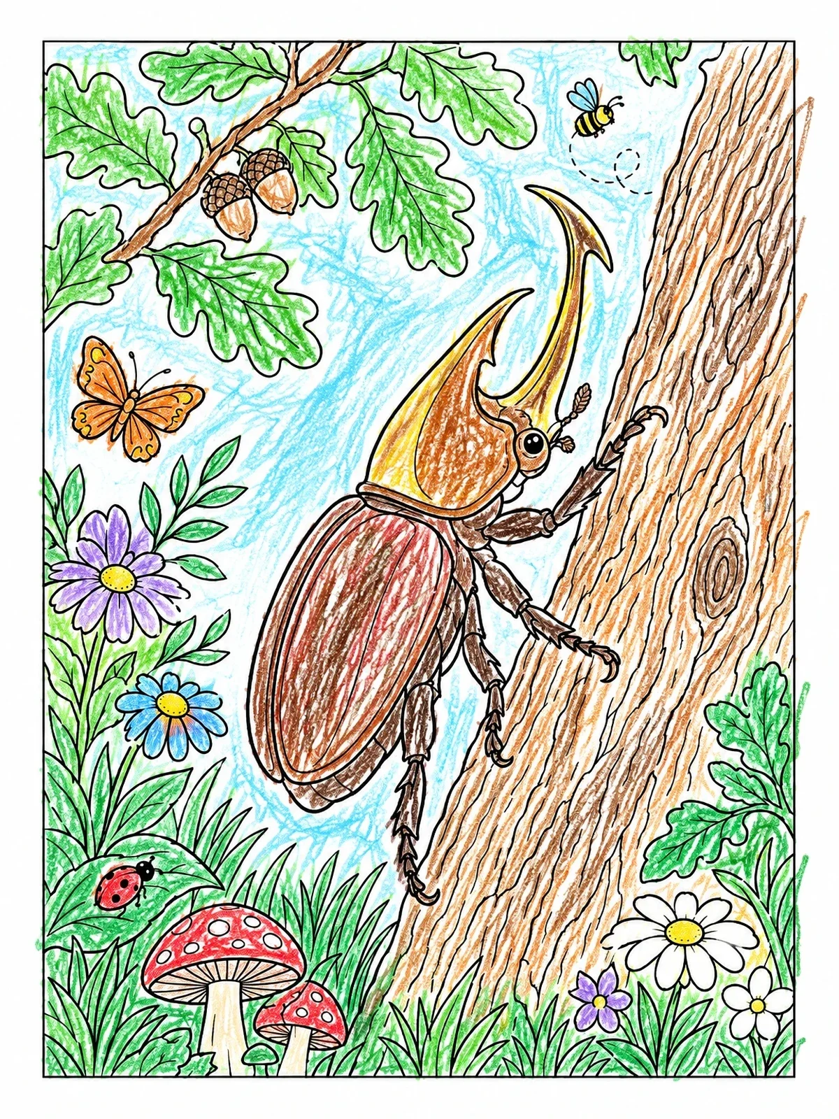 Colored example of the Rhinoceros Beetle On An Oak Tree coloring page