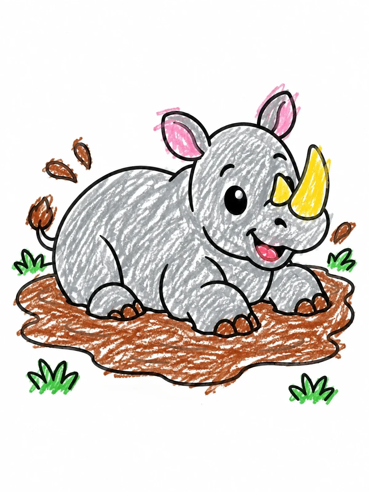 Colored example of the Cute Baby Rhino Splashing In Mud coloring page
