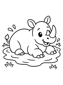 Free printable Cute Baby Rhino Splashing In Mud coloring page
