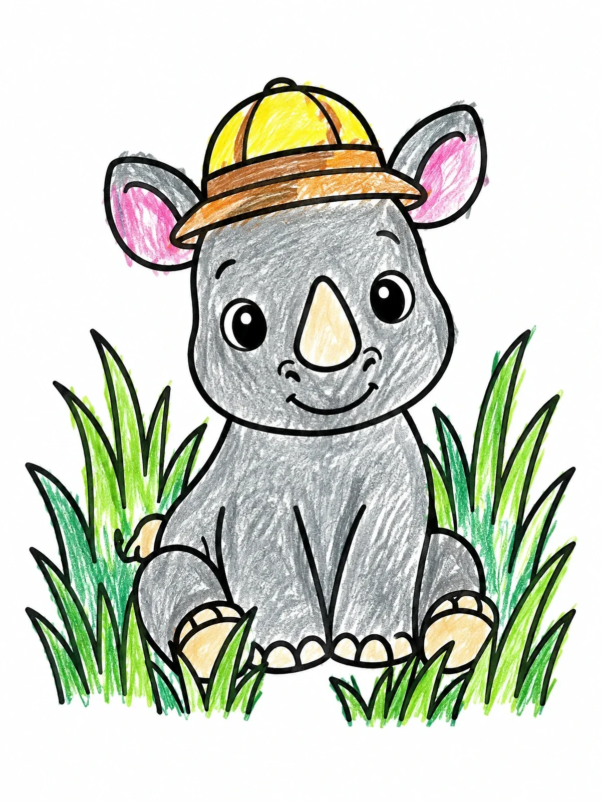 Colored example of the Cute Baby Rhino In Safari Hat coloring page