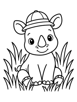 Free printable Cute Baby Rhino In Safari Hat coloring page
