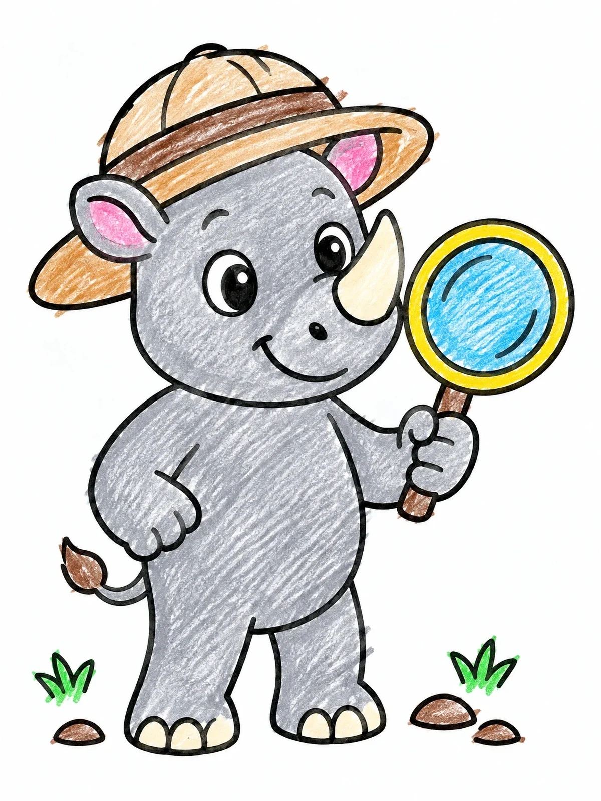 Colored example of the Cute Rhino Explorer With Magnifying Glass coloring page