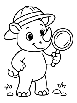 A cheerful cartoon rhinoceros coloring page holding an explorer magnifying glass.