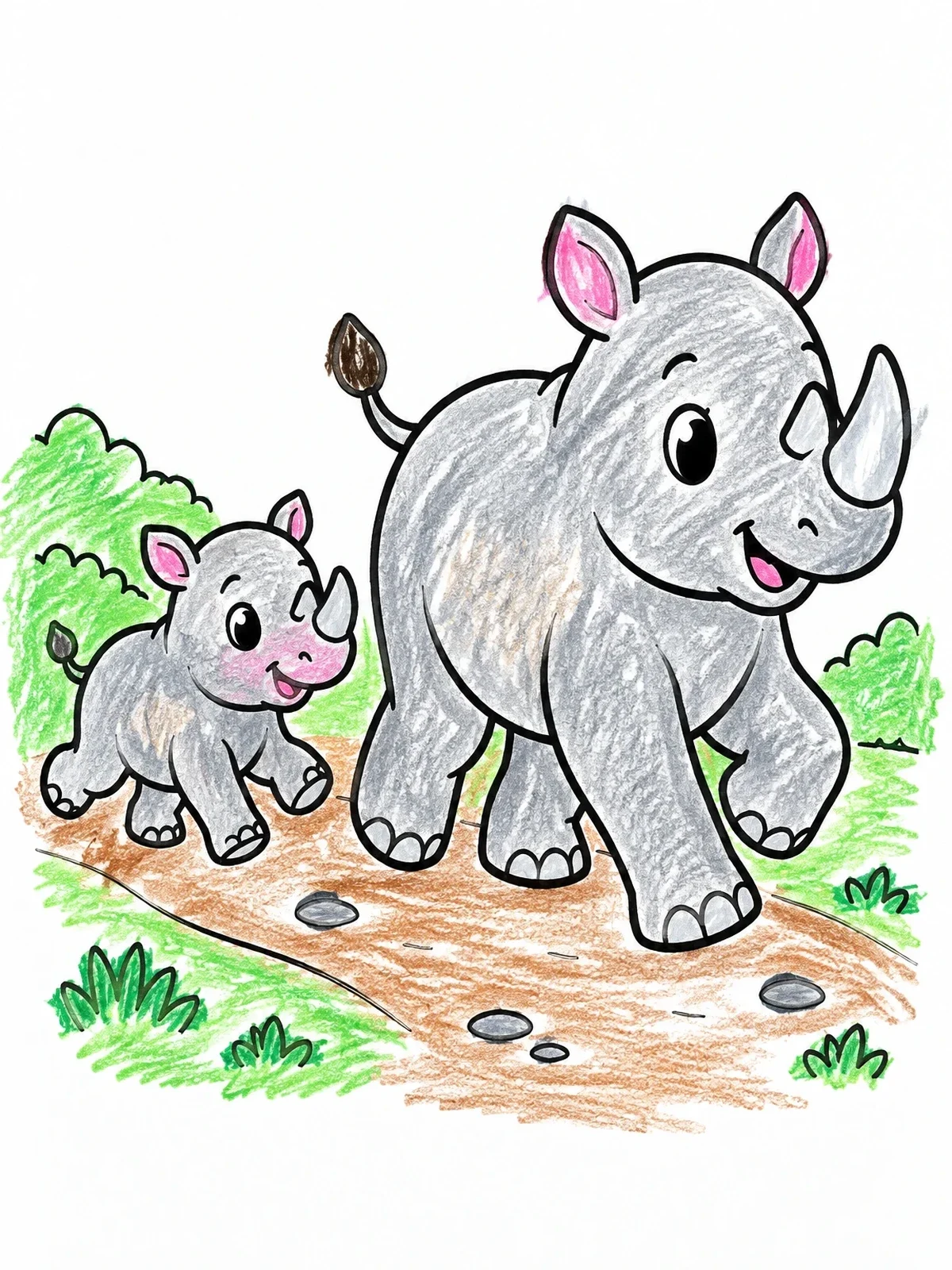 Colored example of the Mother And Baby Rhino Walking coloring page