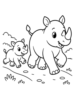Mother and baby rhinoceros coloring page walking along a dirt path.