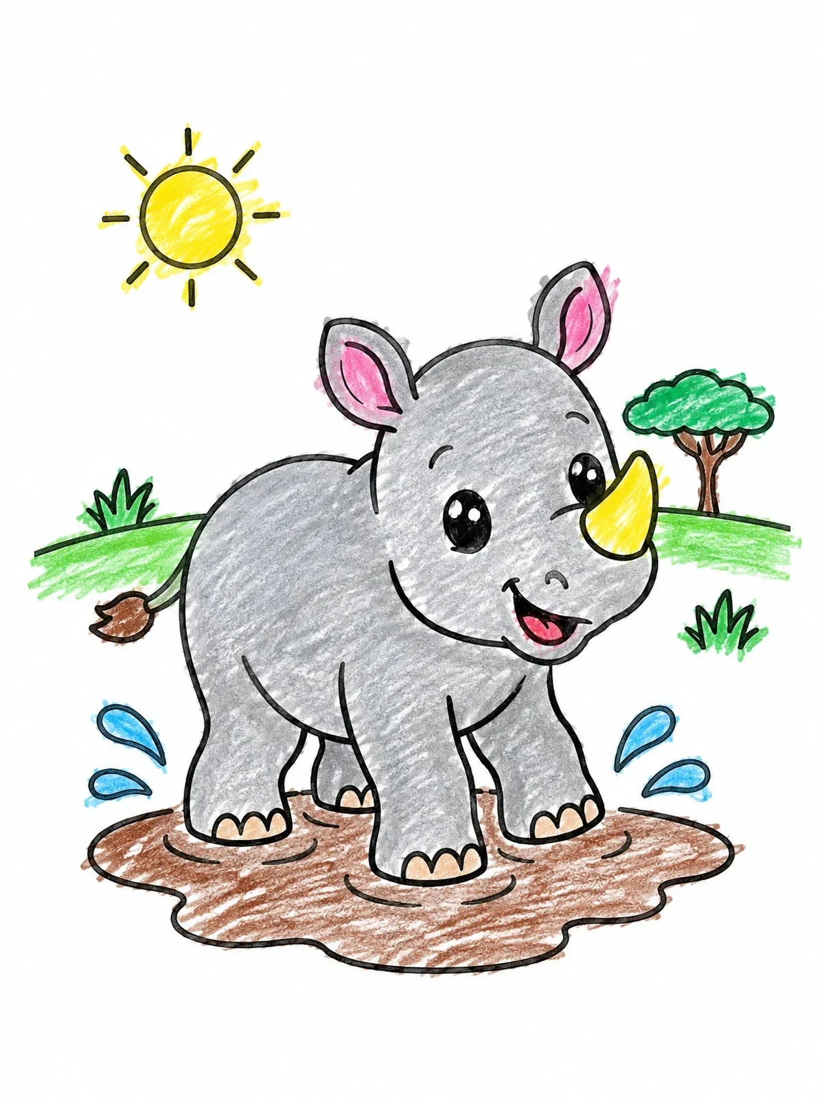 Colored example of the Playful Baby Rhino In Puddle coloring page