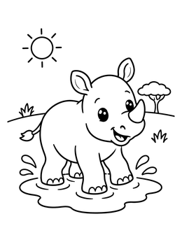 Free printable Playful Baby Rhino In Puddle coloring page