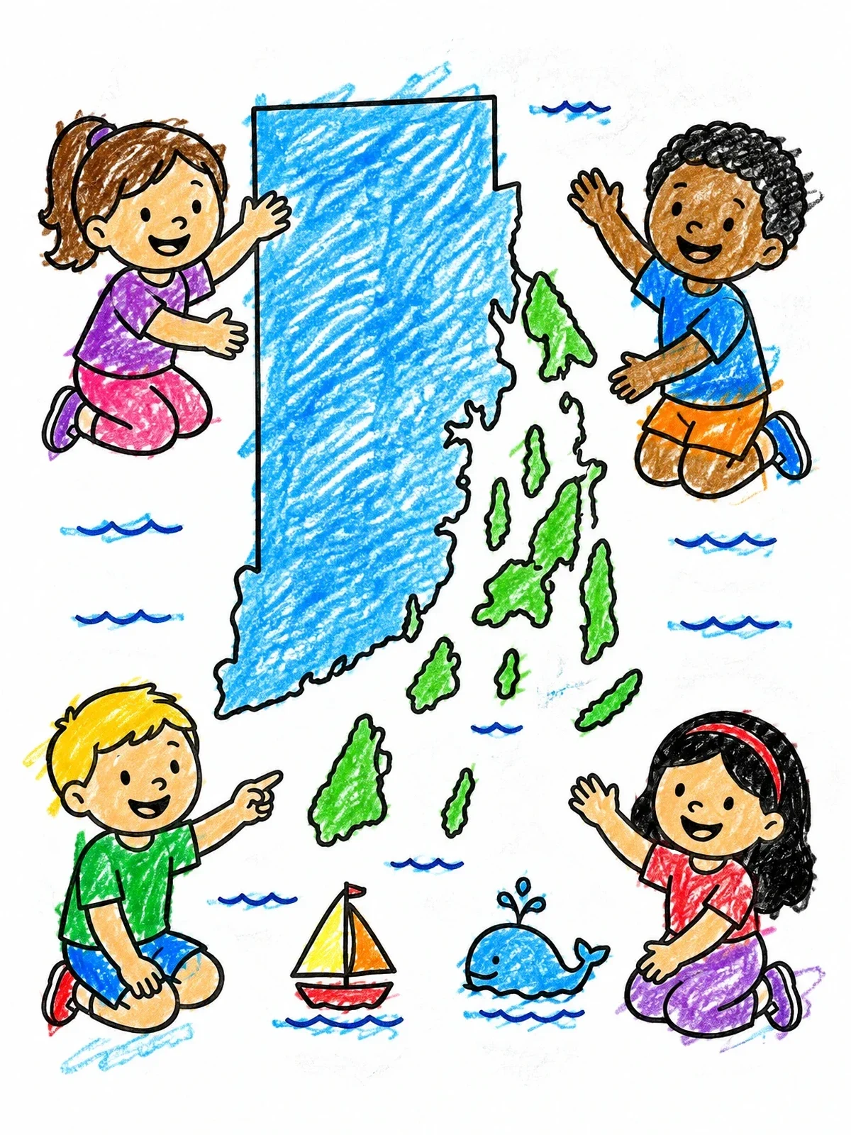 Colored example of the Children Exploring Rhode Island Map coloring page
