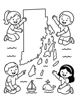 Kids around a map on this Rhode Island coloring page.