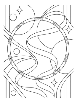 A decorative gymnastics coloring page showing a patterned hoop and flowing ribbons.