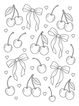 Pattern of scattered fresh cherries, cute hearts, and ribbons in this bow coloring page.