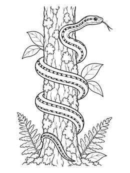 A detailed snake coloring page featuring a striped snake coiled around a forest tree trunk.