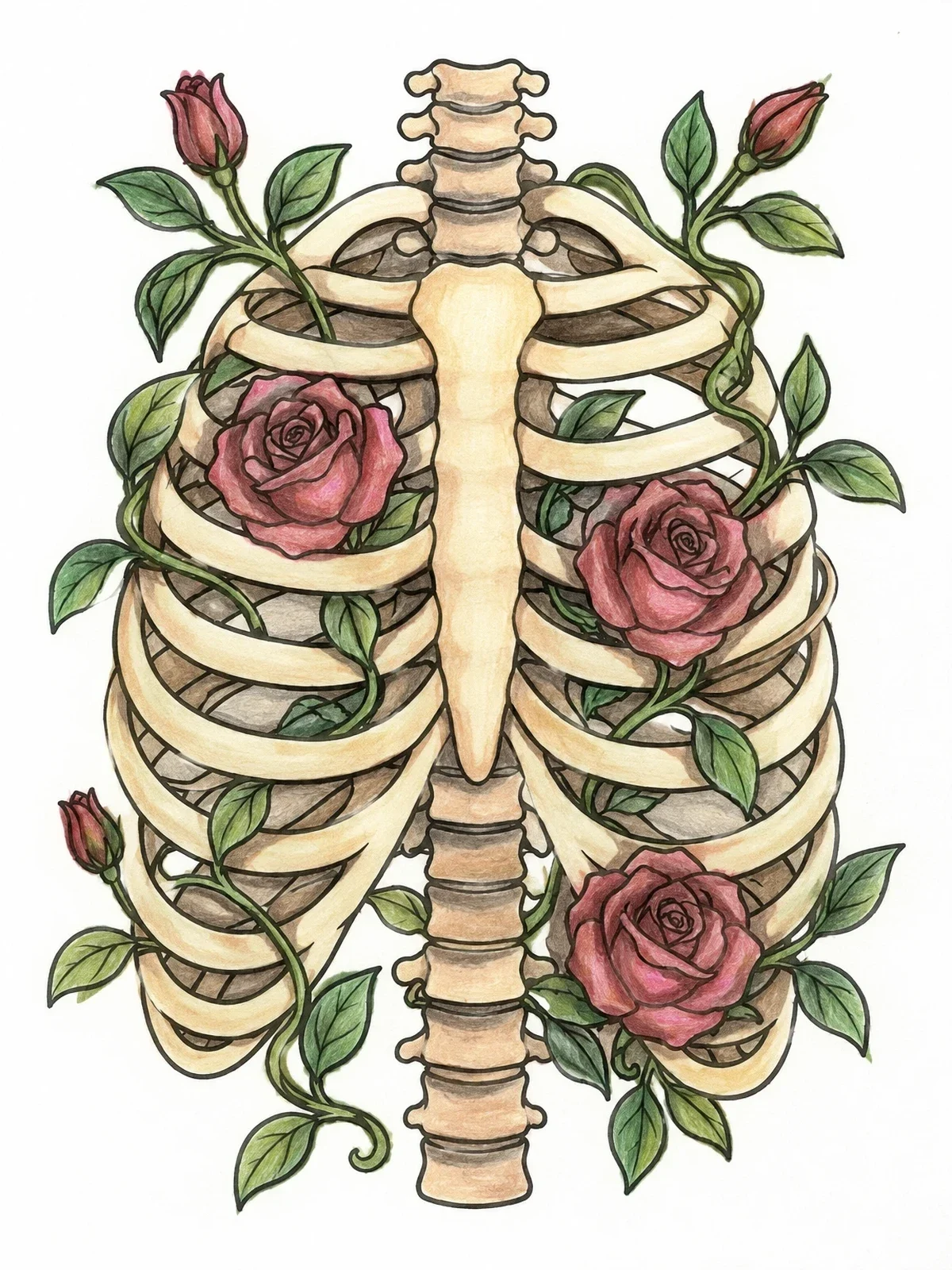 Colored example of the Ribcage Wrapped In Blooming Rose Vines coloring page