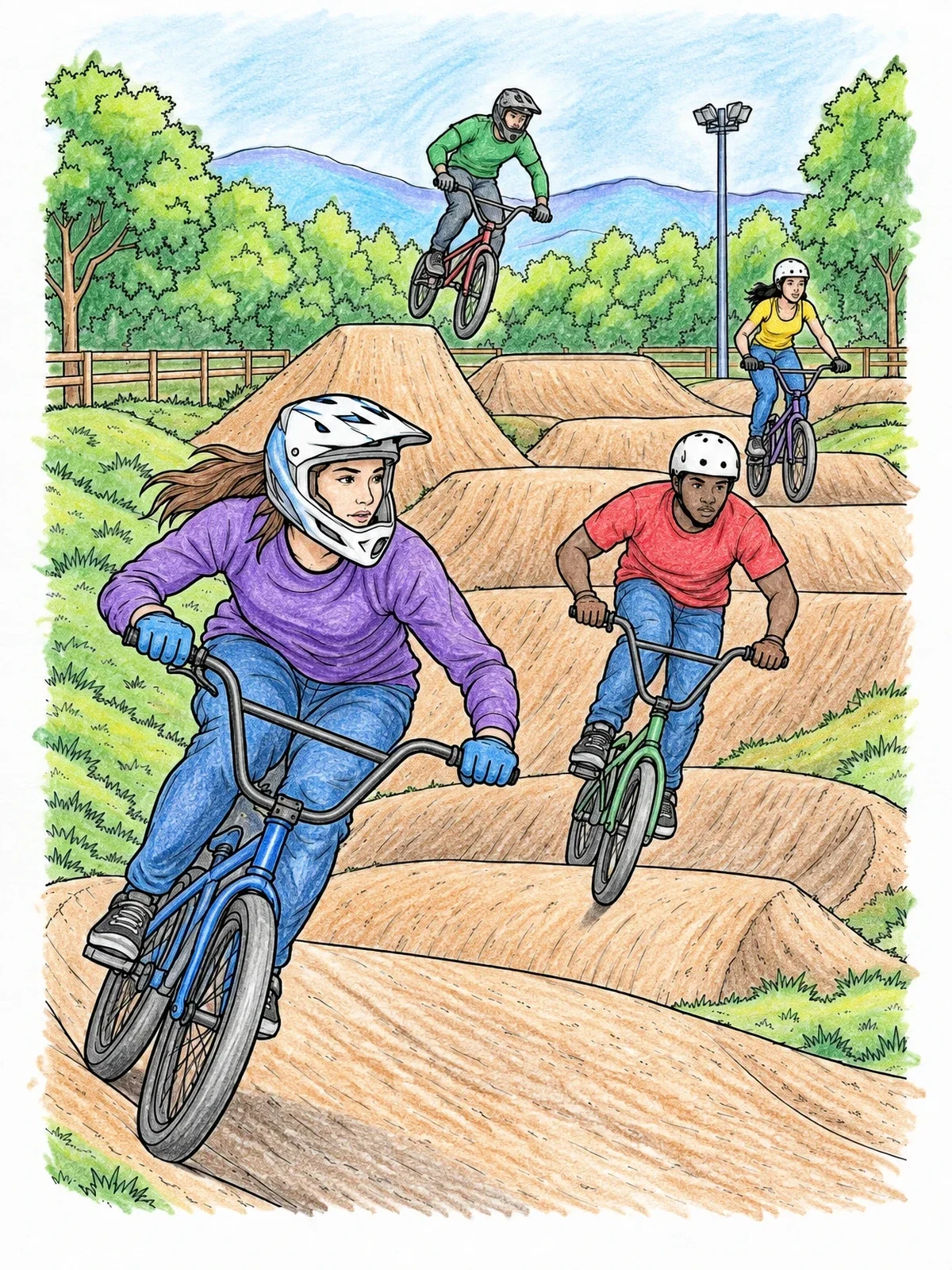 Colored example of the Riders On A Dirt Bmx Track coloring page
