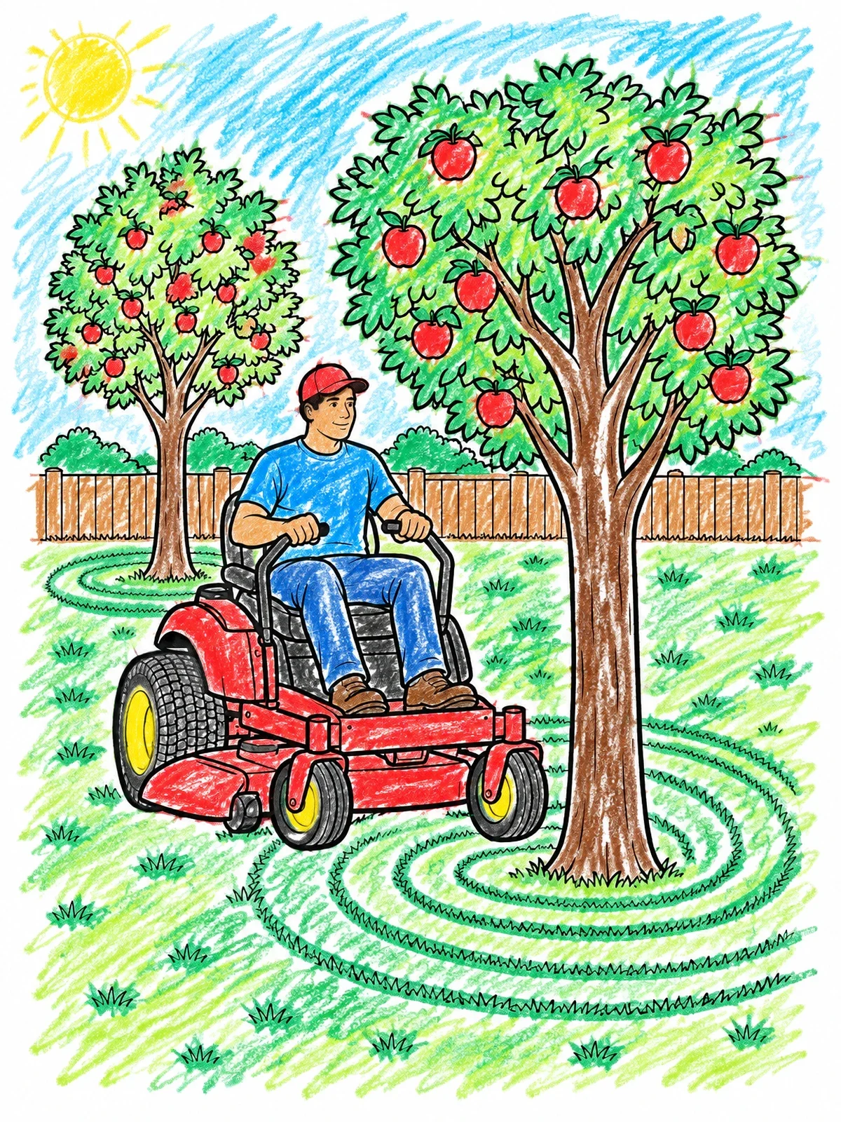Colored example of the Riding Lawn Mower In The Orchard coloring page