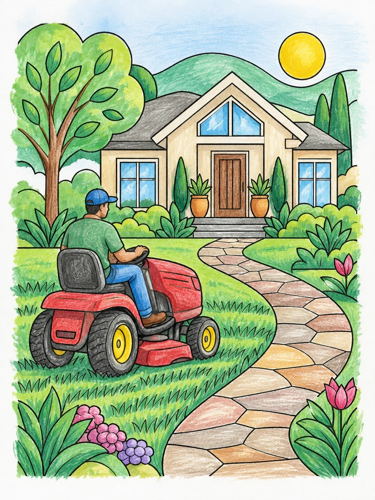 Colored example of the Riding Lawn Mower By Garden Path coloring page