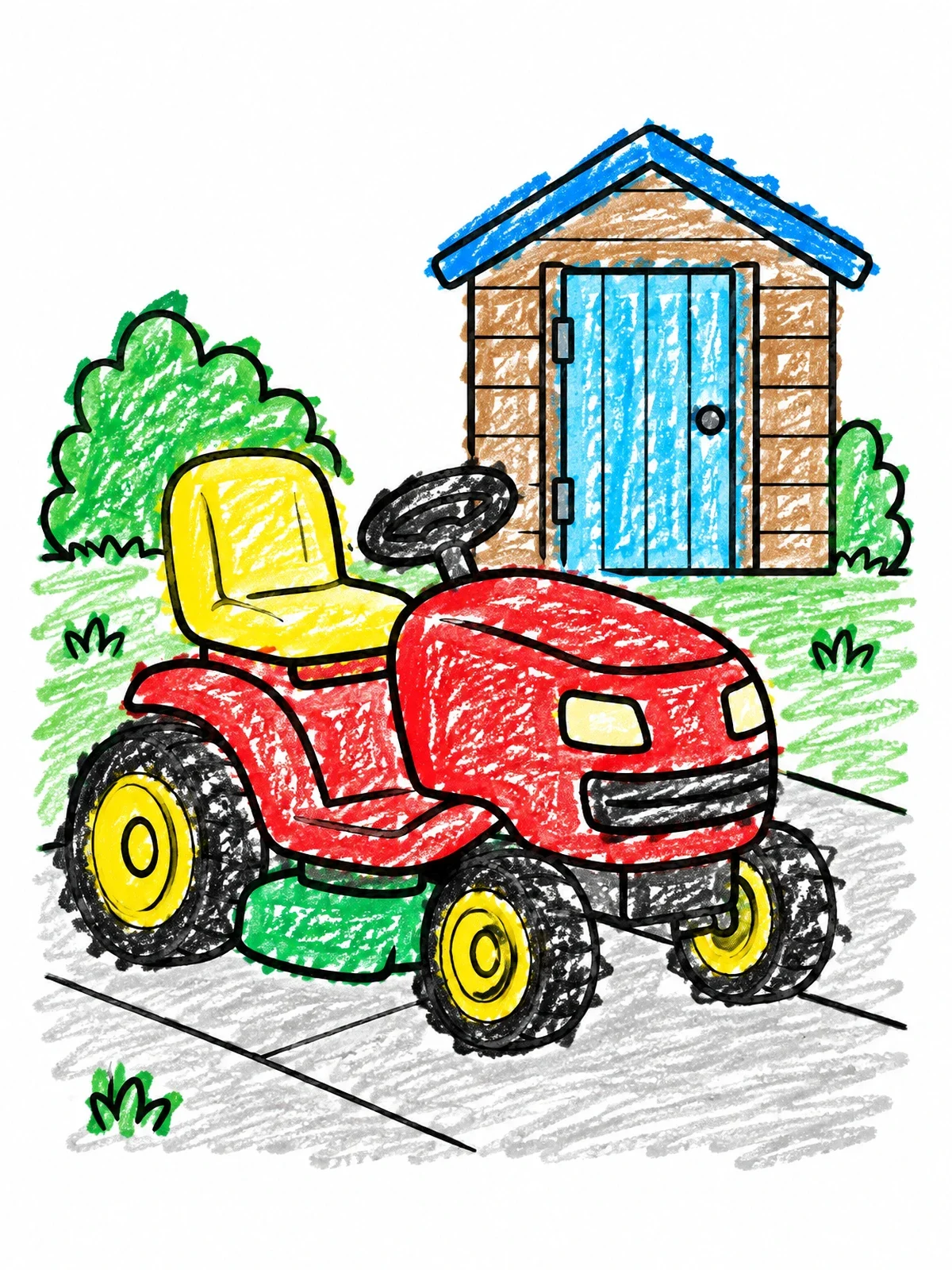 Colored example of the Riding Lawn Mower By The Garden Shed coloring page