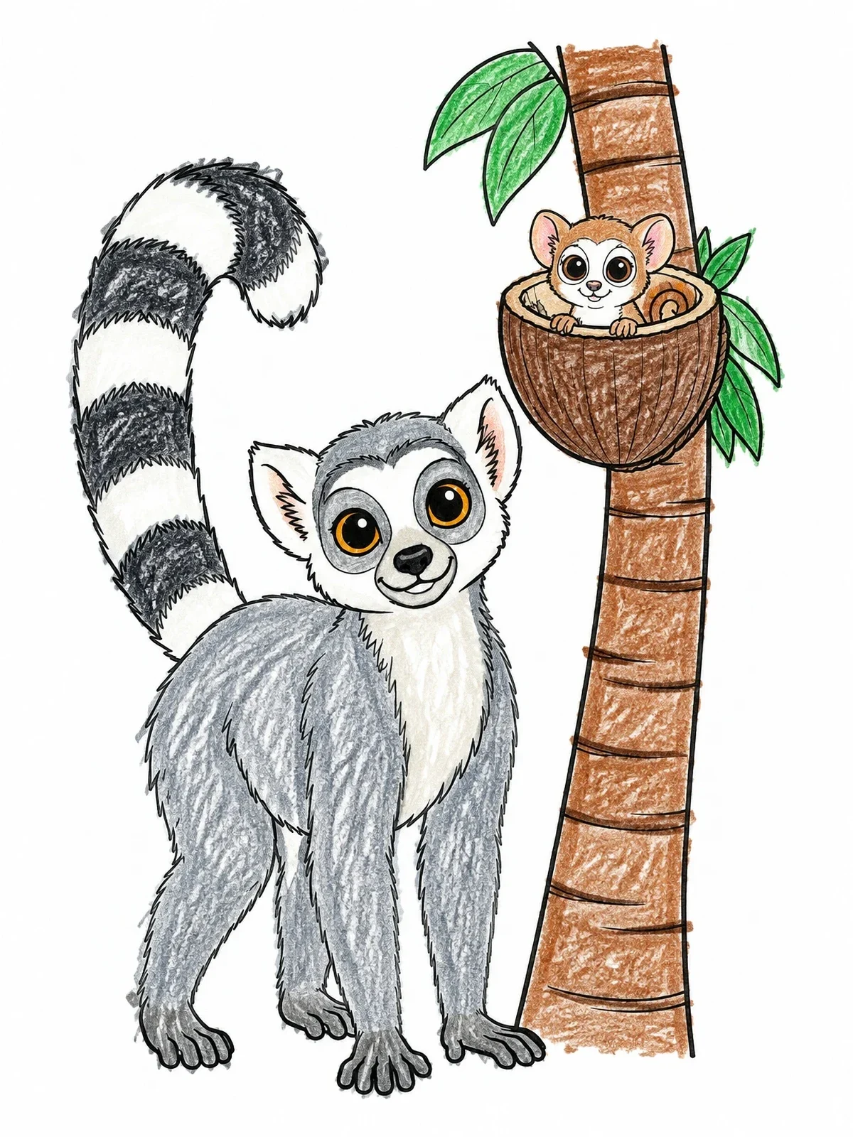 Colored example of the Ring Tailed Lemur And Tiny Friend coloring page