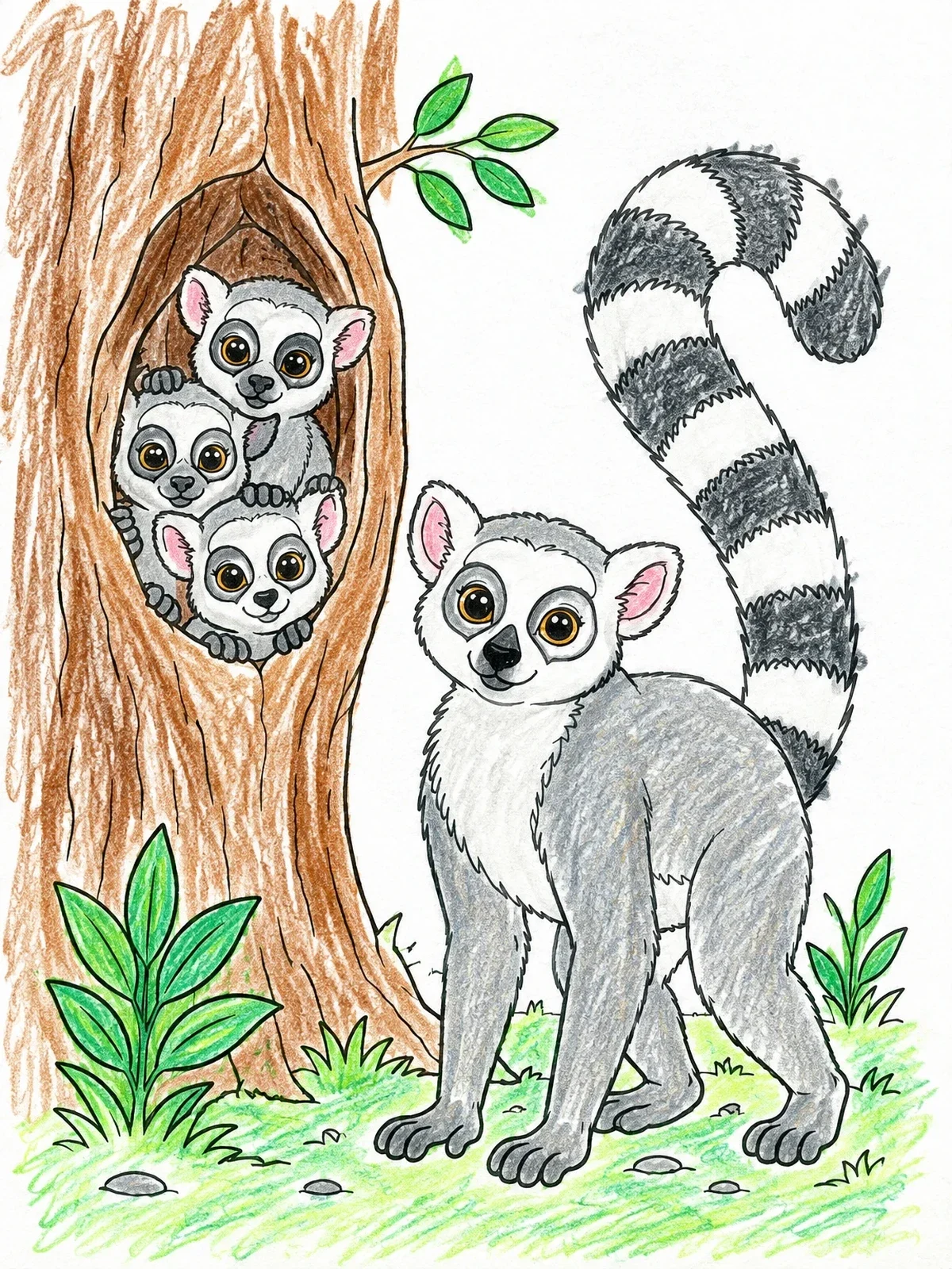 Colored example of the Ring Tailed Lemur Family In The Forest coloring page