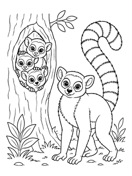 Free printable Ring Tailed Lemur Family In The Forest coloring page
