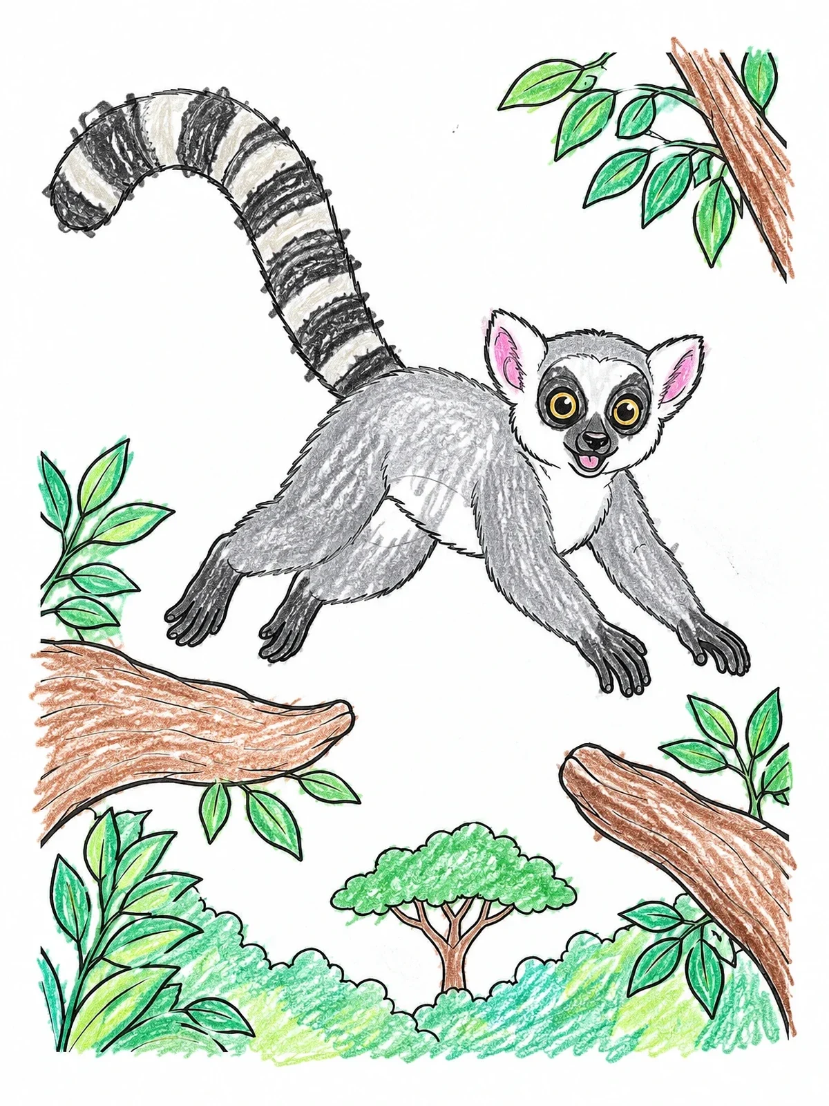 Colored example of the Lemur Leaping Between Jungle Branches coloring page