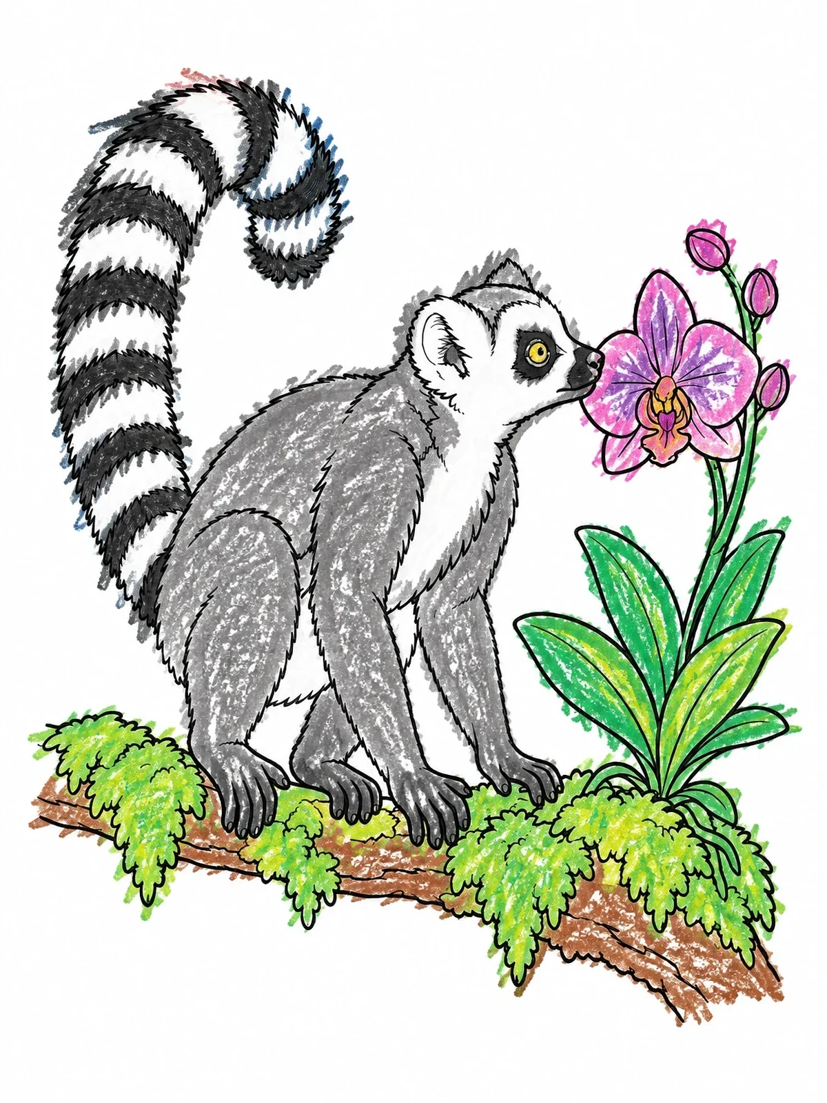 Colored example of the Ring Tailed Lemur Sniffing An Orchid coloring page