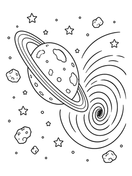Free printable Ringed Planet Near Cosmic Black Hole coloring page
