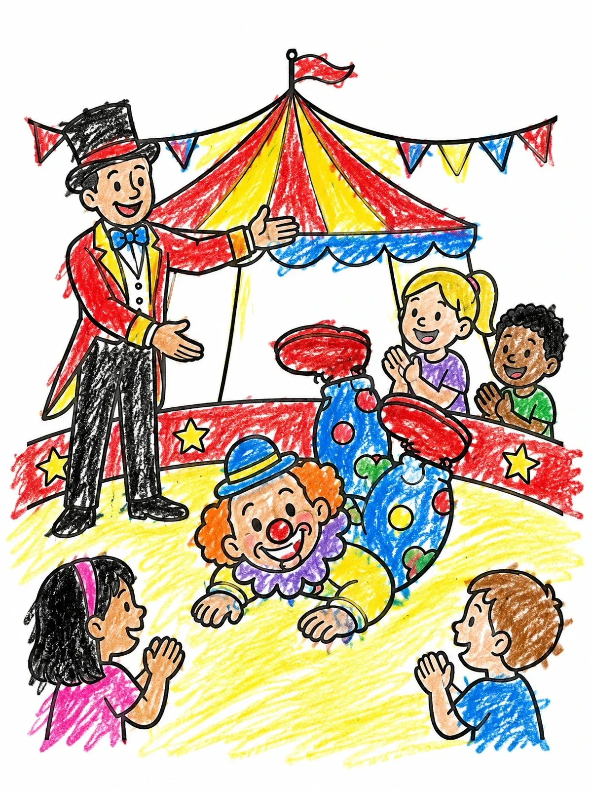 Colored example of the Ringmaster Presenting A Tumbling Circus Clown coloring page