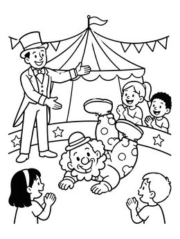 Free printable Ringmaster Presenting A Tumbling Circus Clown coloring page
