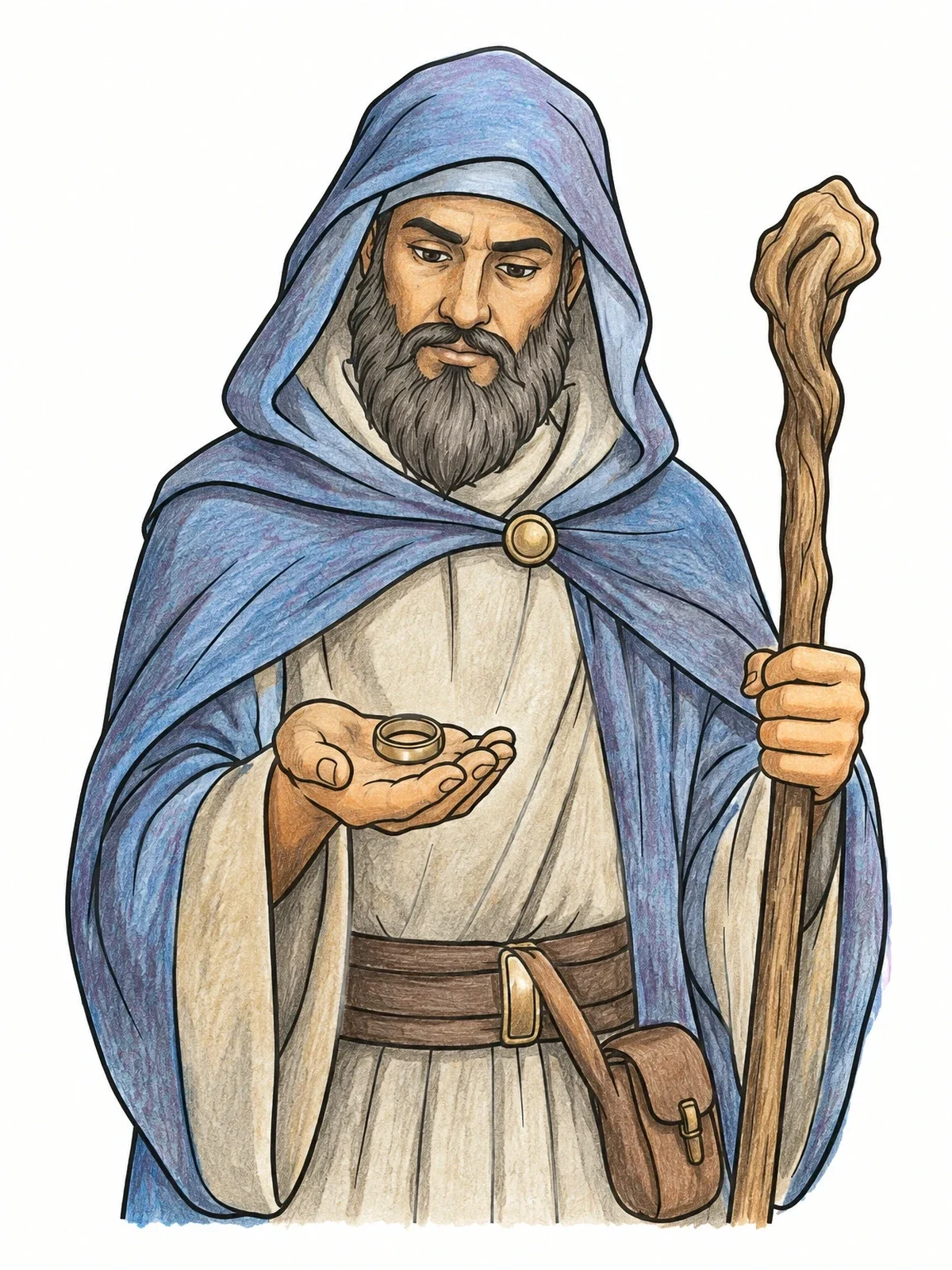 Colored example of the Hooded Wizard With Magic Ring coloring page