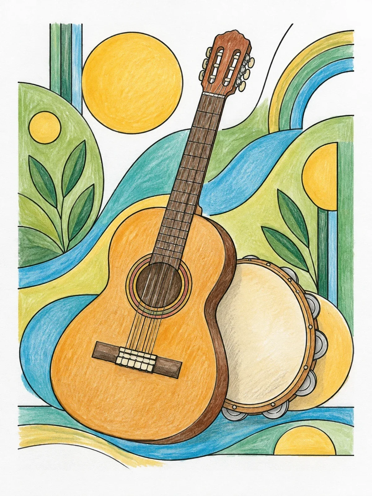 Colored example of the Acoustic Guitar And Brazilian Pandeiro coloring page