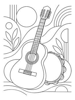 A classical guitar and pandeiro on an abstract background in this rio coloring page.