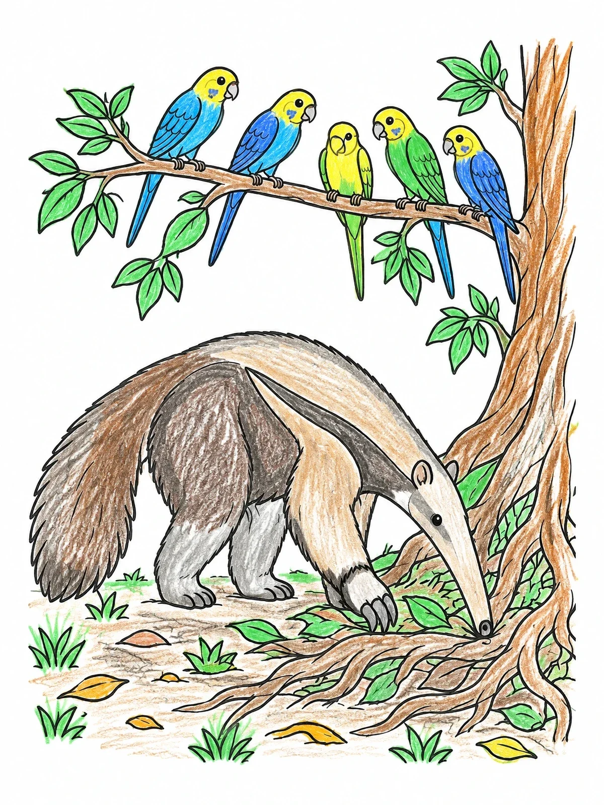 Colored example of the Anteater And Parakeets In The Forest coloring page
