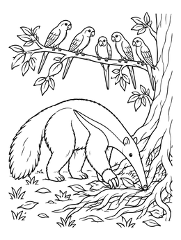 Free printable Anteater And Parakeets In The Forest coloring page
