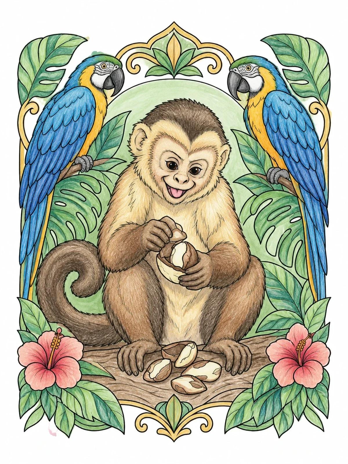 Colored example of the Capuchin Monkey With Macaws And Brazil Nuts coloring page