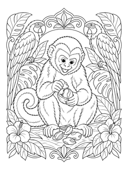 A playful monkey cracking nuts framed by parrots on this detailed rio coloring page.