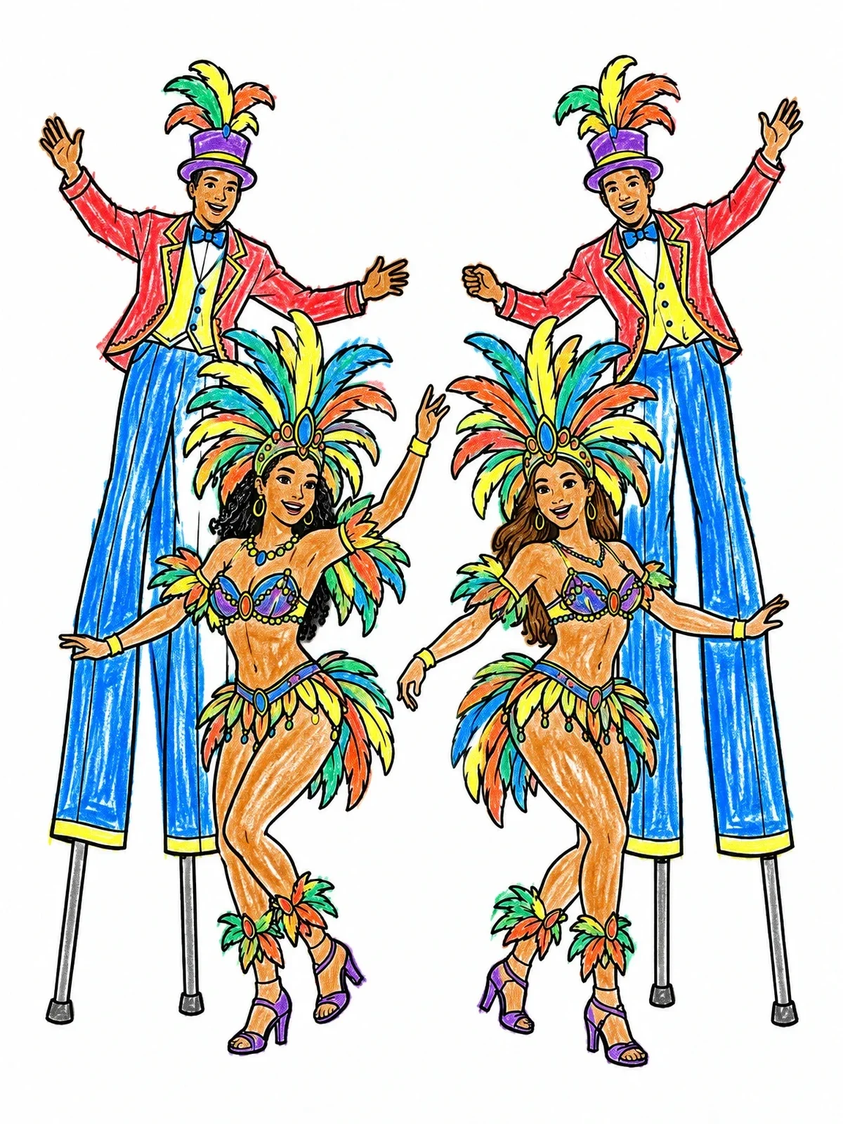 Colored example of the Rio Carnival Dancers And Stilt Walkers coloring page