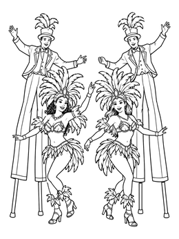 Dancers and stilt performers celebrate in this festive rio coloring page.